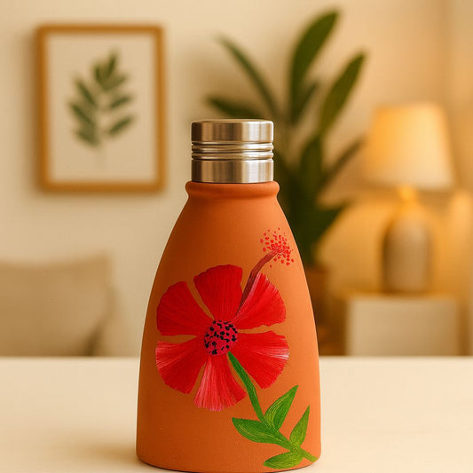 Terrabloom – Hand Painted Clay Bottle - Hibiscus