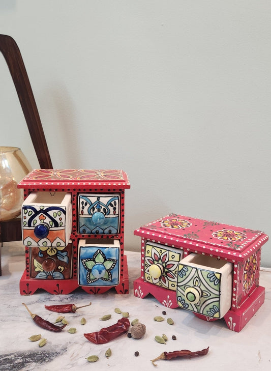 Aesthetic Wooden and Ceramic Spice Organizer - Jaipuri Collection - Ceramic She Wrote