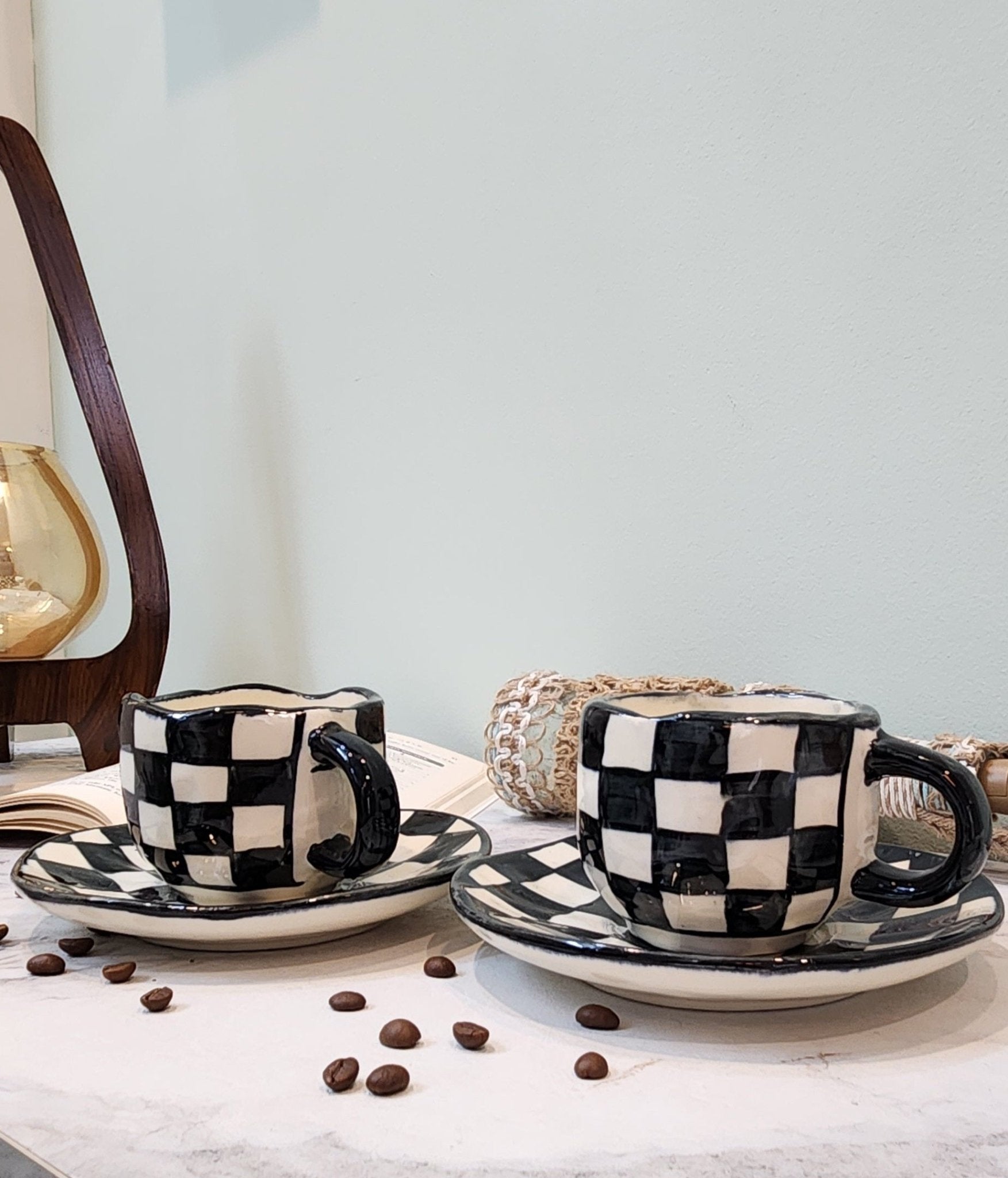 Check & Mate Ceramic Coffee & Tea Mugs with Saucers - Ceramic She Wrote