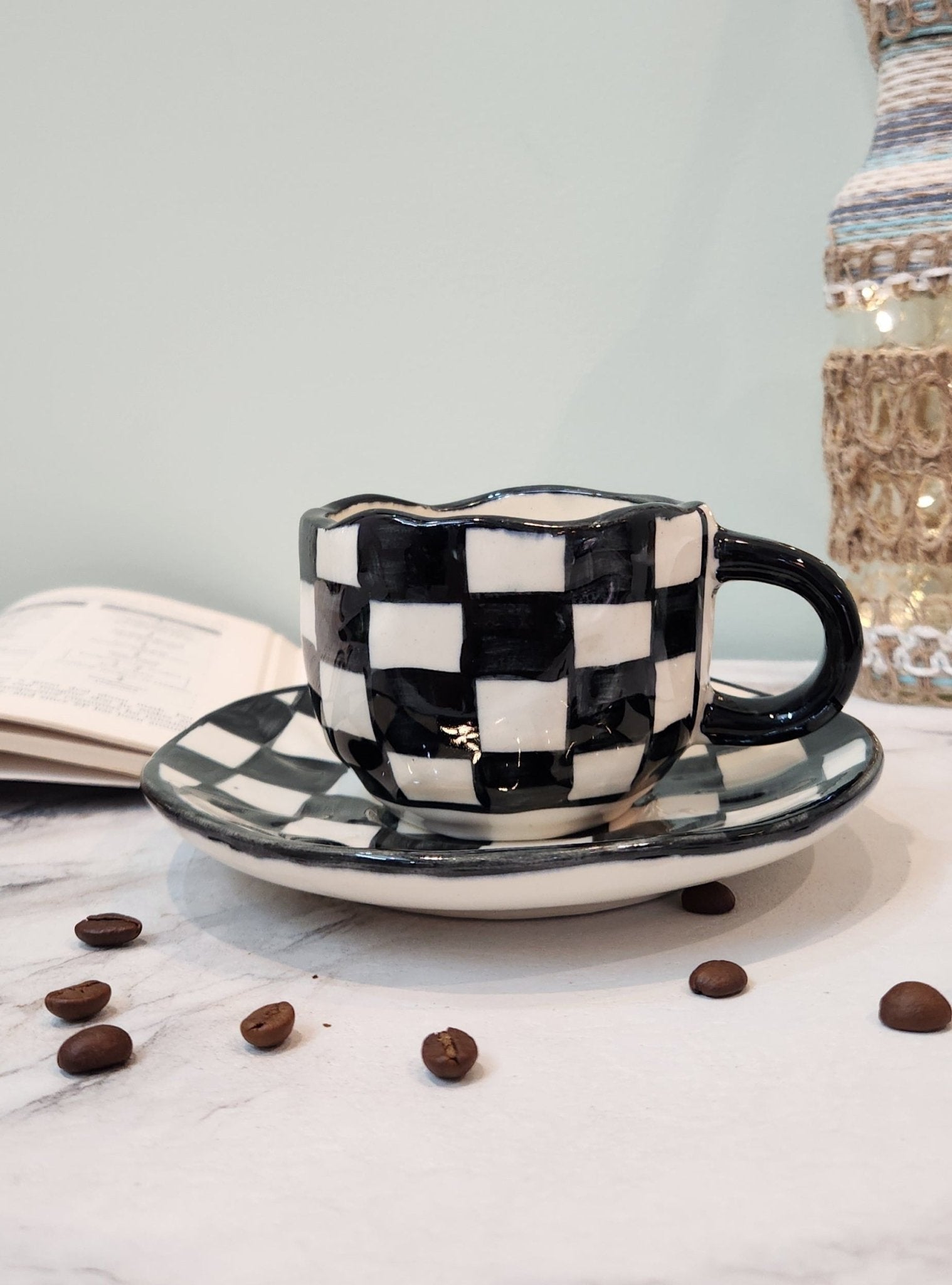 Check & Mate Ceramic Coffee & Tea Mugs with Saucers - Ceramic She Wrote