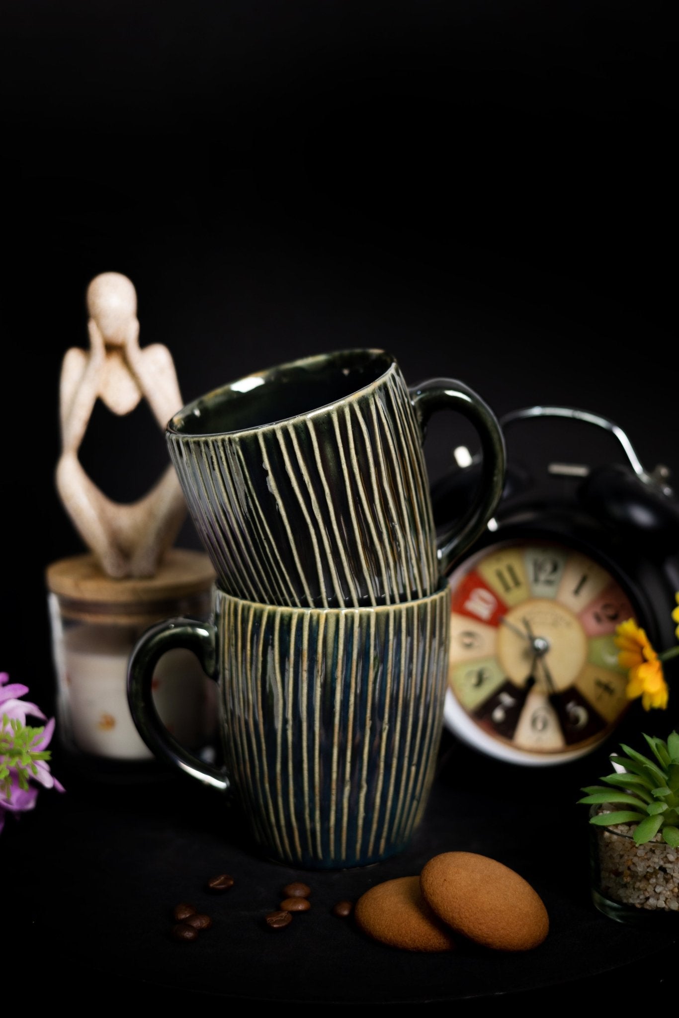 Handcrafted Ceramic Coffee Mugs with White Strips Design - Ceramic She Wrote