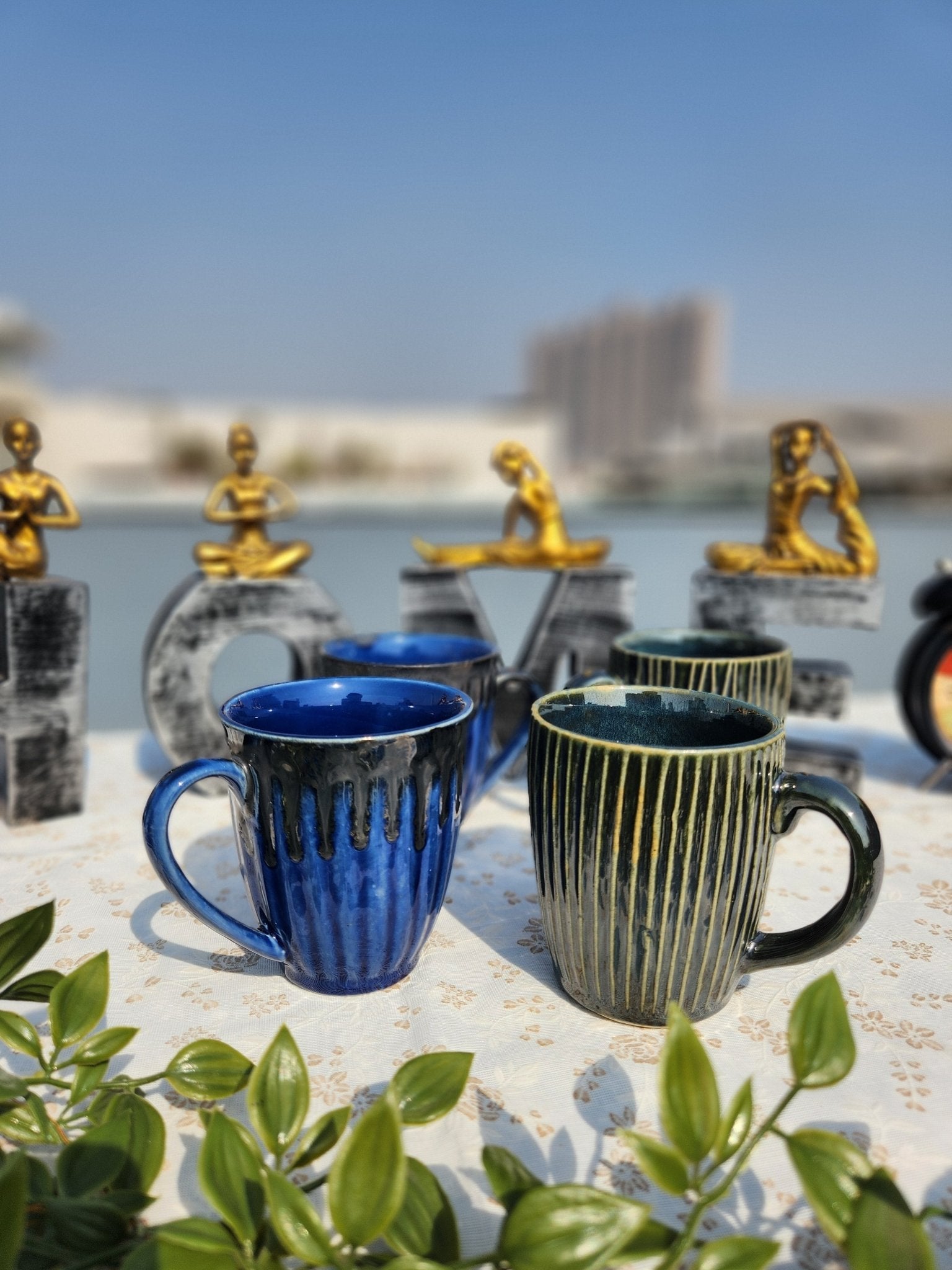 Handmade set of 4 Coffee Mugs with Snack Serving Platter - Ceramic She Wrote