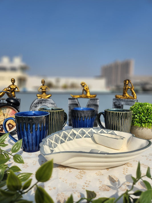 Handmade set of 4 Coffee Mugs with Snack Serving Platter - Ceramic She Wrote