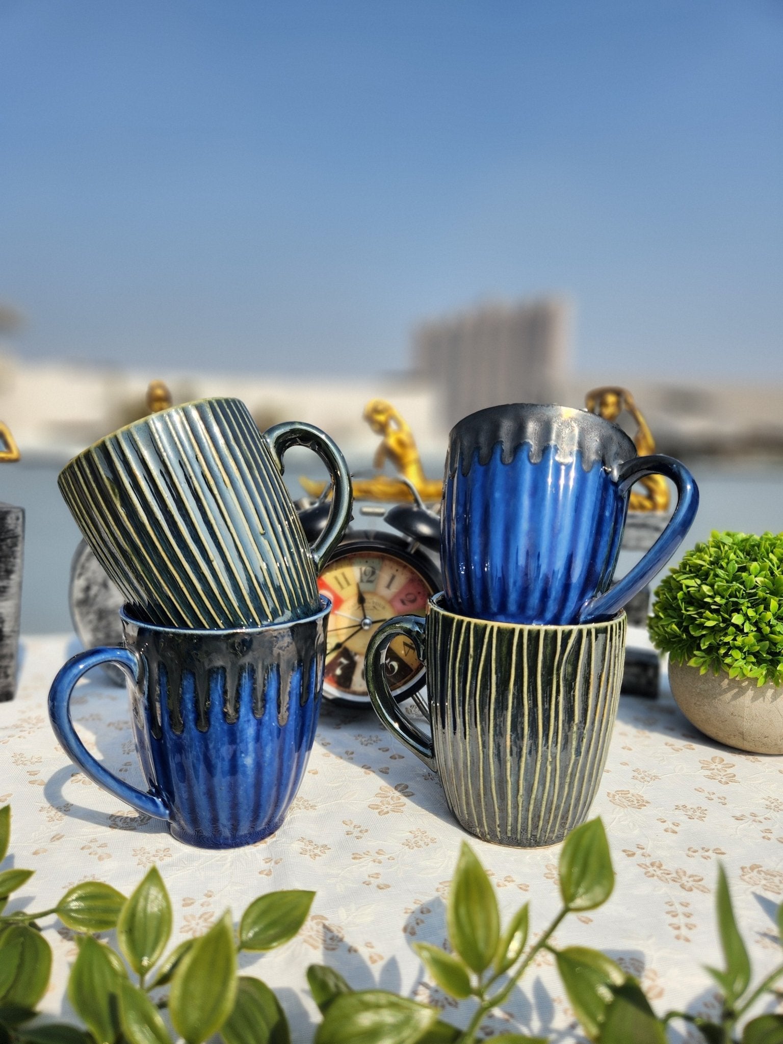 Handmade set of 4 Coffee Mugs with Snack Serving Platter - Ceramic She Wrote