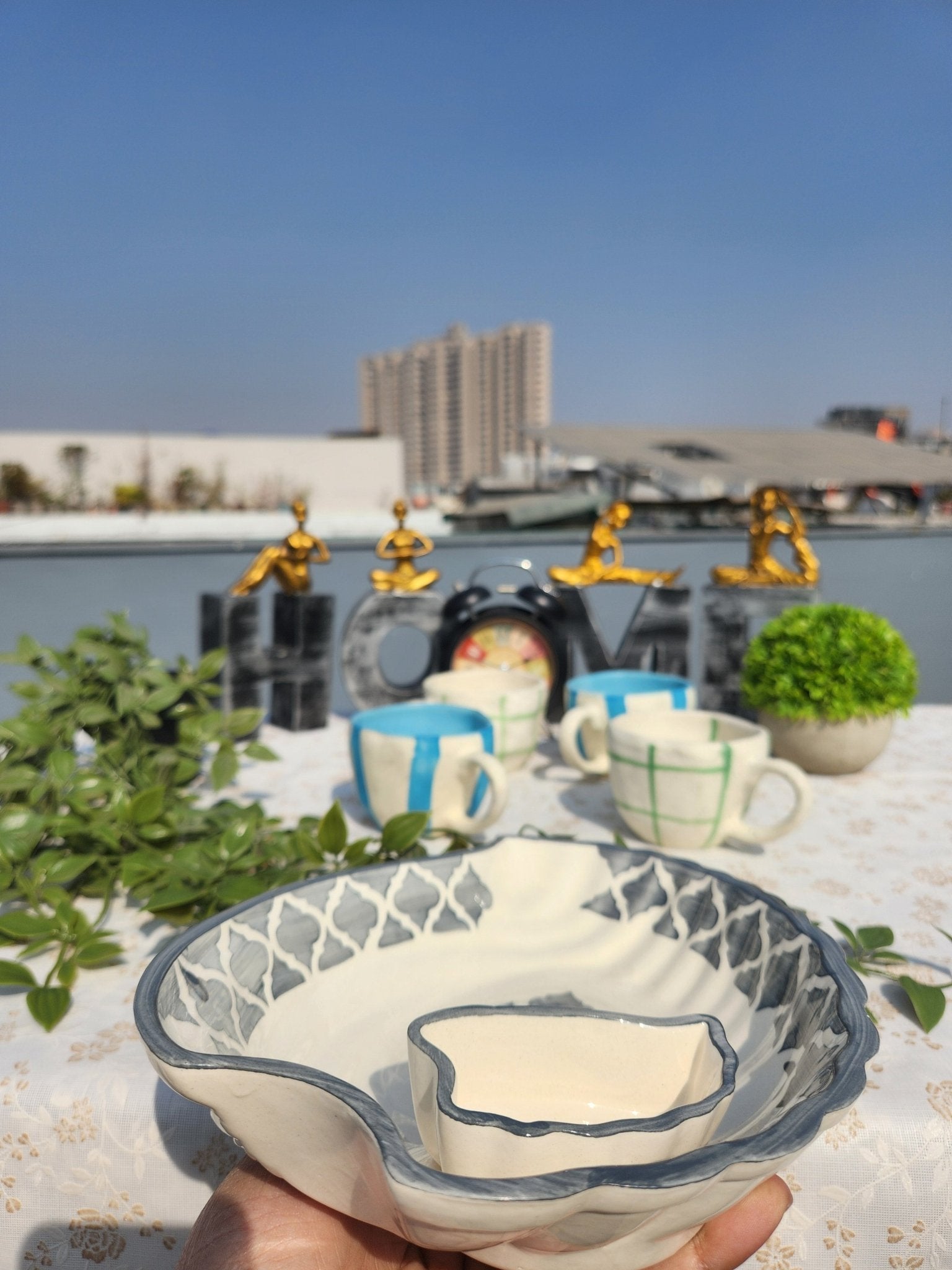 Handmade Set of 4 Trendy Mugs with Snack Serving Platter - Ceramic She Wrote