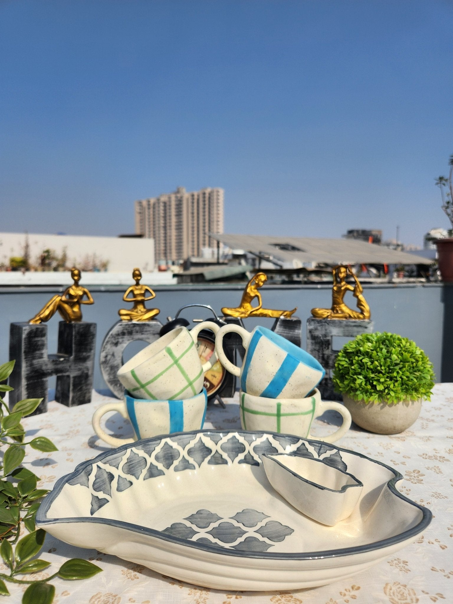 Handmade Set of 4 Trendy Mugs with Snack Serving Platter - Ceramic She Wrote