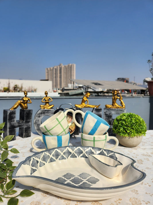 Handmade Set of 4 Trendy Mugs with Snack Serving Platter - Ceramic She Wrote