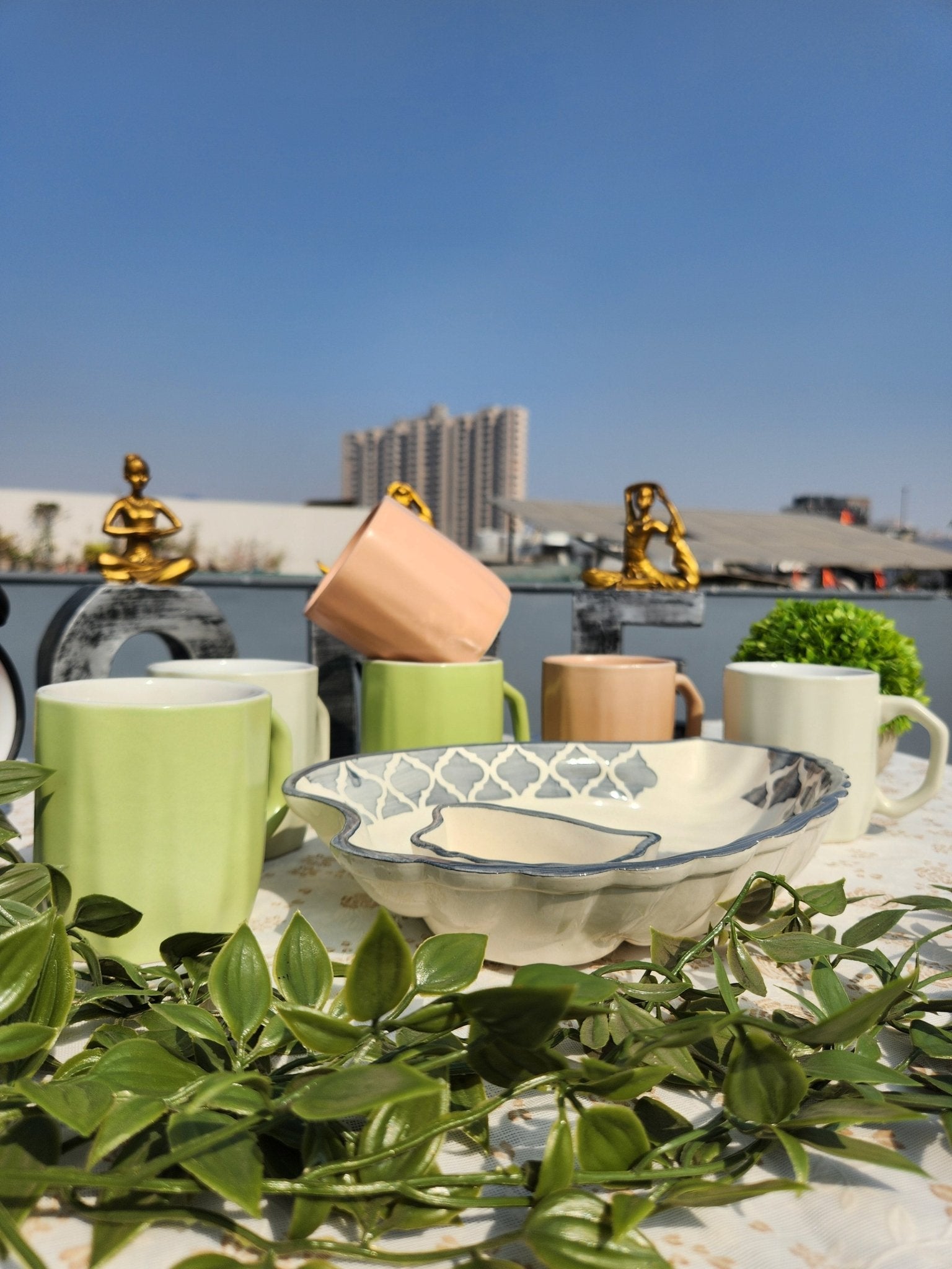 Handmade set of 6 Coffee Mugs with Snack Serving Platter - Ceramic She Wrote