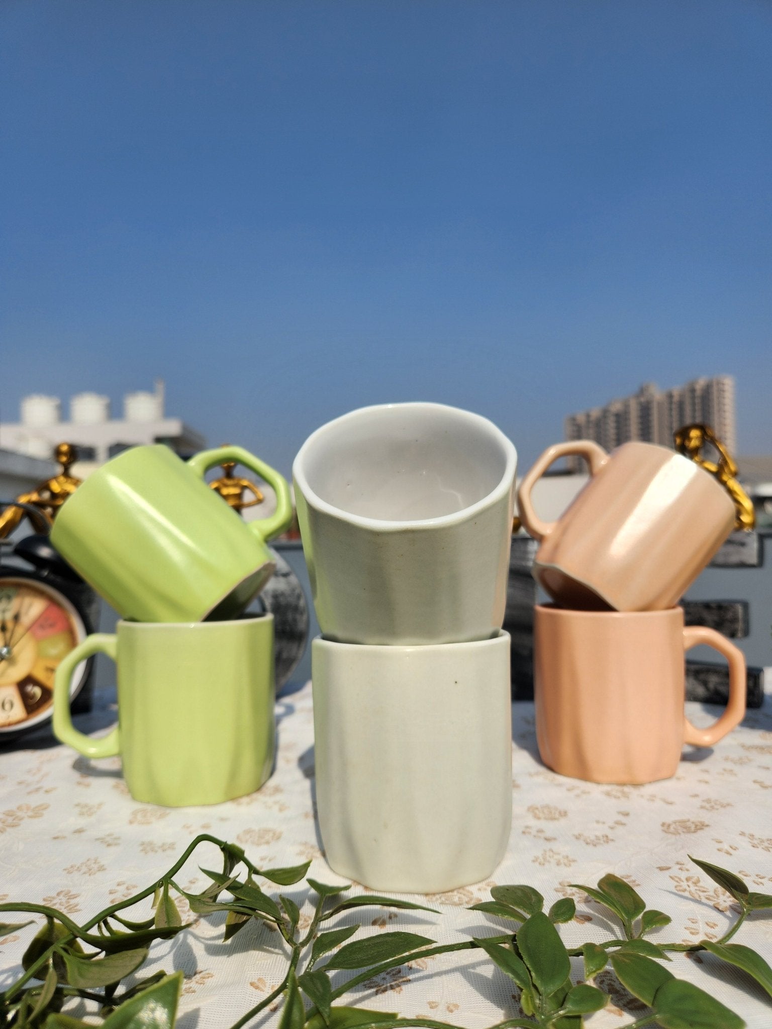 Handmade set of 6 Coffee Mugs with Snack Serving Platter - Ceramic She Wrote