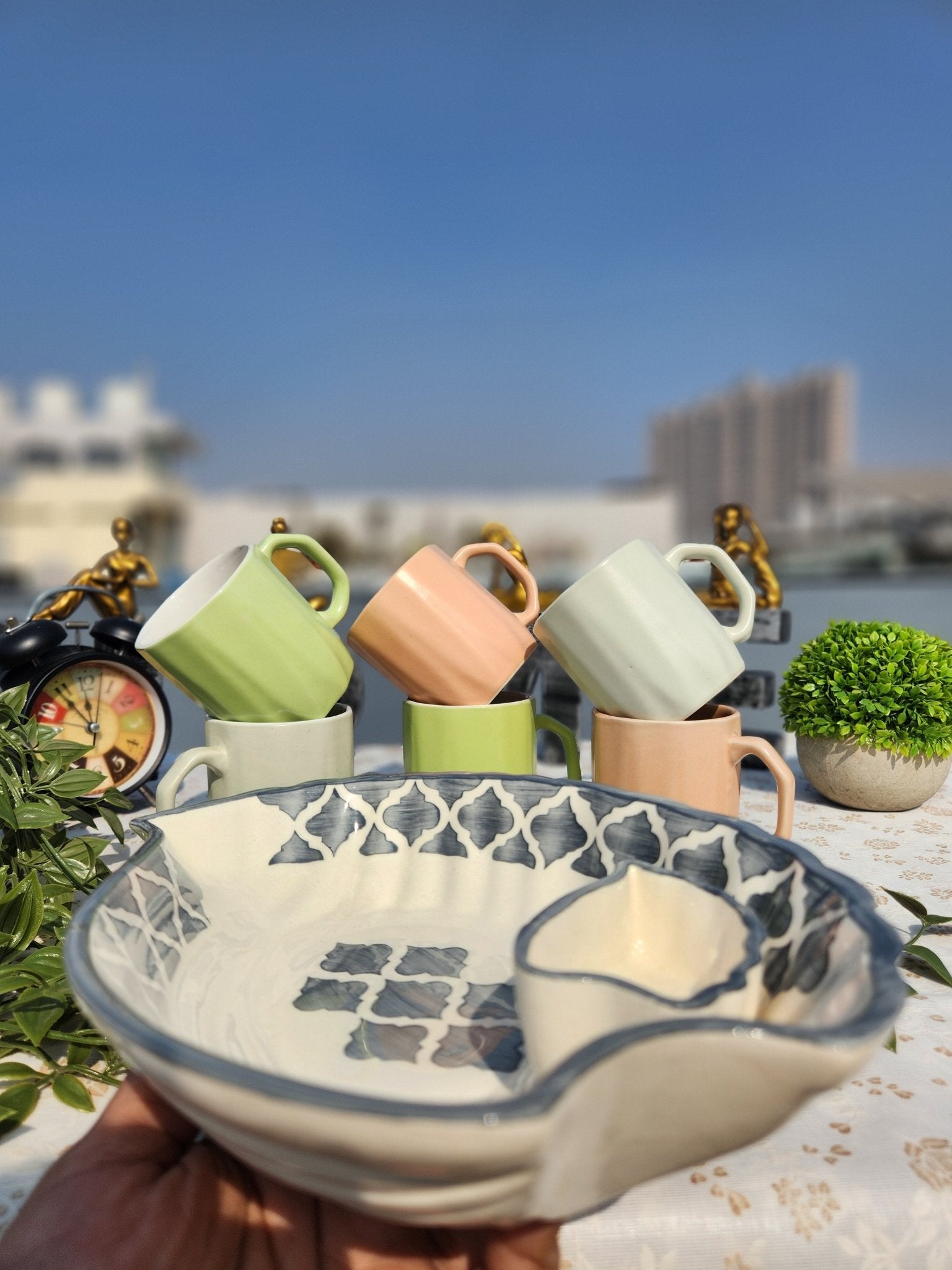Handmade set of 6 Coffee Mugs with Snack Serving Platter - Ceramic She Wrote