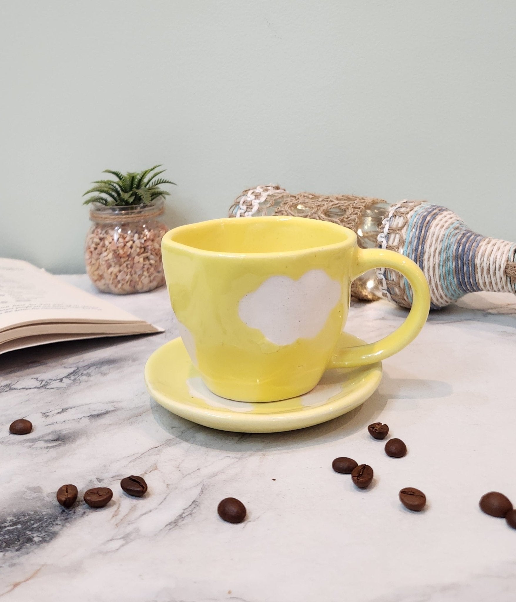 Lemon and Clouds Ceramic Coffee & Tea Mugs with Saucer - Ceramic She Wrote