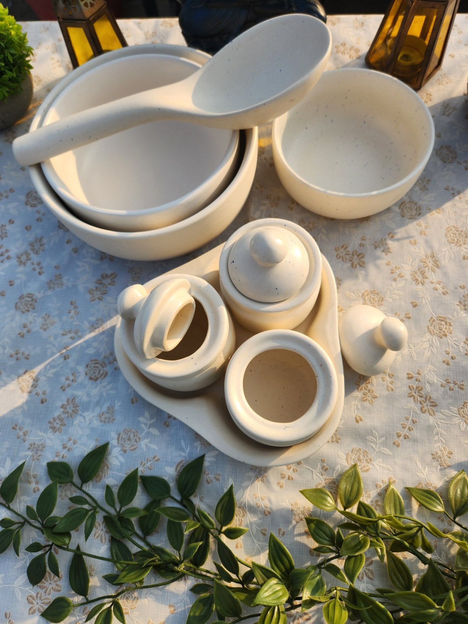 Set of 3 Serving Bowls with Set of 3 Ceramic Pickle and Chutney Jars - Ceramic She Wrote