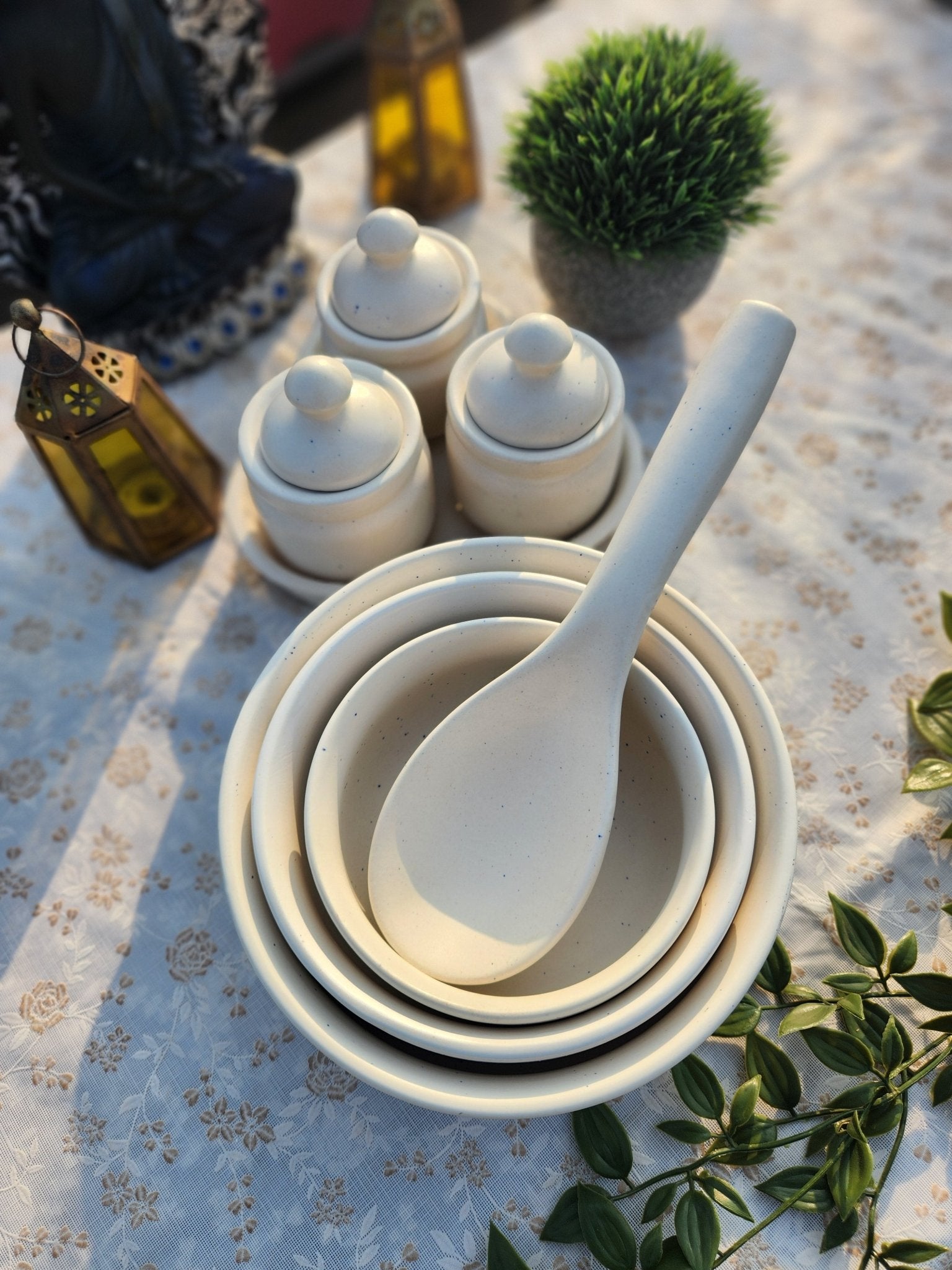 Set of 3 Serving Bowls with Set of 3 Ceramic Pickle and Chutney Jars - Ceramic She Wrote