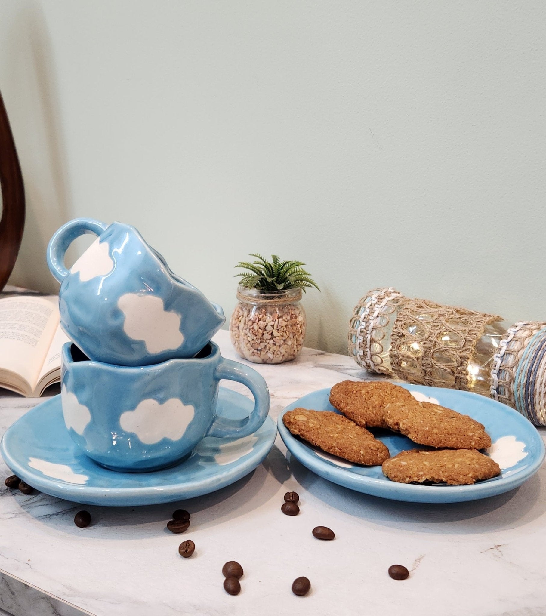 Sky and Clouds Ceramic Coffee & Tea Mugs with Saucer - Ceramic She Wrote
