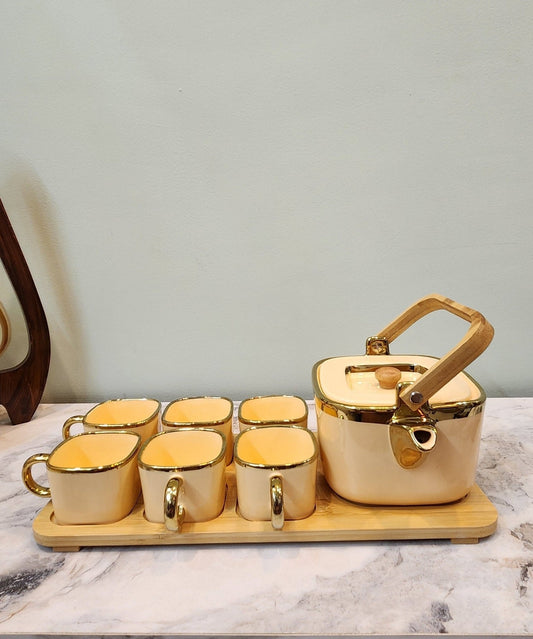 The Luxe : Royal Touch Porcelain Tea Cup Set with Kettle in Dessert Sand color - Ceramic She Wrote
