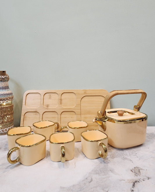 The Luxe : Royal Touch Porcelain Tea Cup Set with Kettle in Dessert Sand color - Ceramic She Wrote