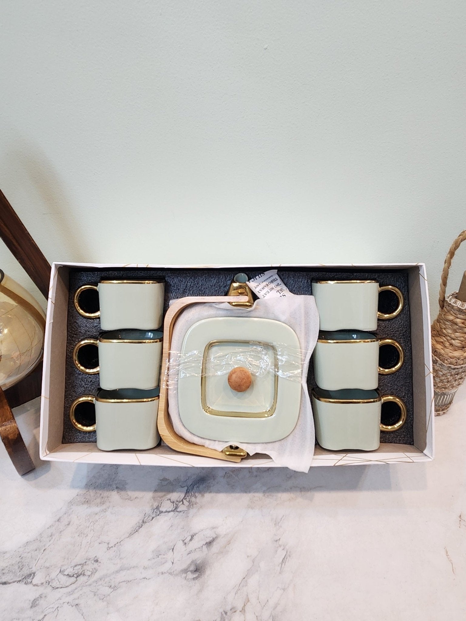 The Luxe : Royal Touch Porcelain Tea Cup Set with Kettle in Pistachio Green - Ceramic She Wrote