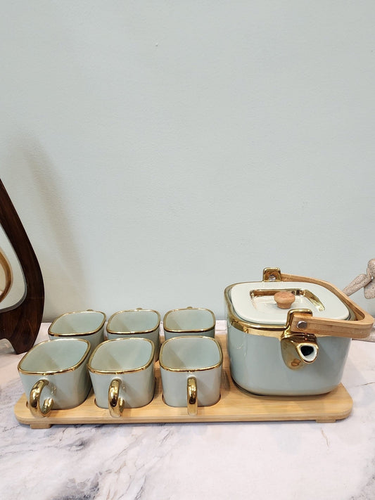 The Luxe : Royal Touch Porcelain Tea Cup Set with Kettle in Pistachio Green - Ceramic She Wrote