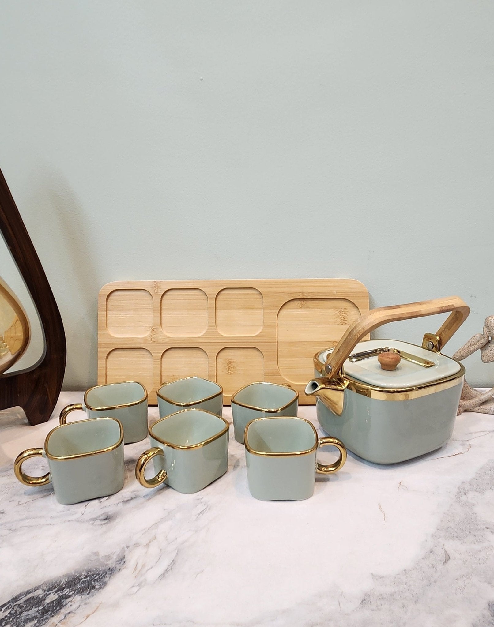 The Luxe : Royal Touch Porcelain Tea Cup Set with Kettle in Pistachio Green - Ceramic She Wrote