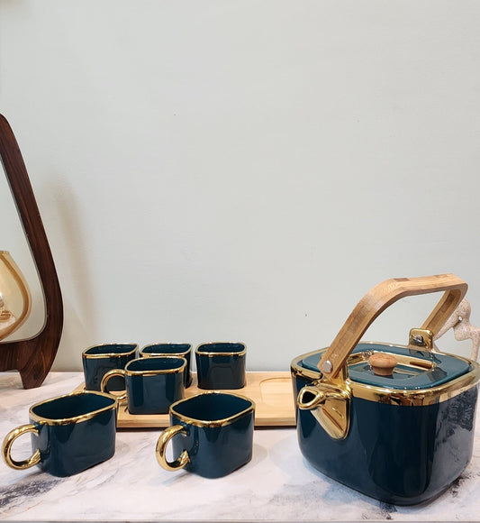 The Luxe : Royal Touch Porcelain Tea Cup Set with Kettle in Teal Blue color - Ceramic She Wrote