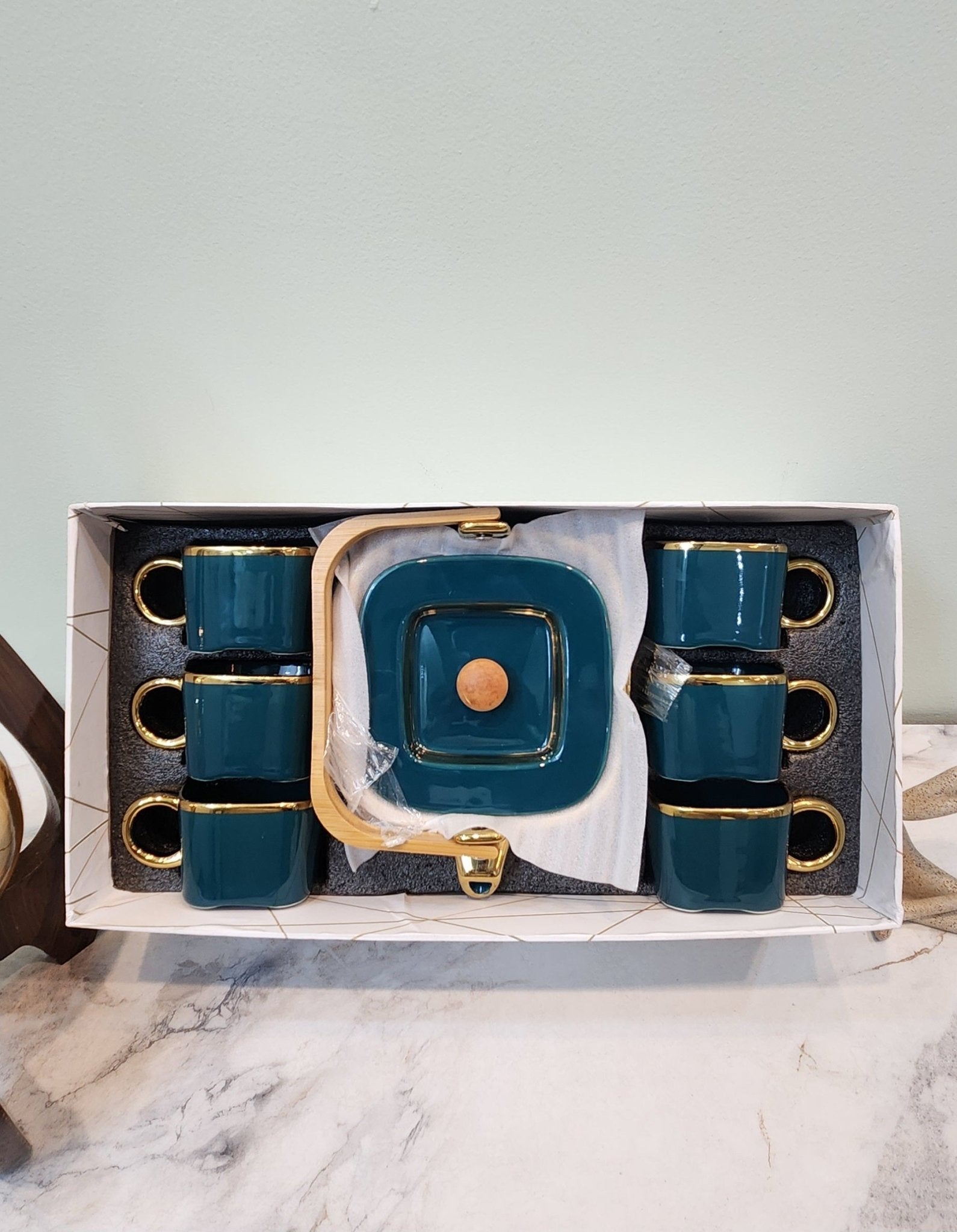 The Luxe : Royal Touch Porcelain Tea Cup Set with Kettle in Teal Blue color - Ceramic She Wrote