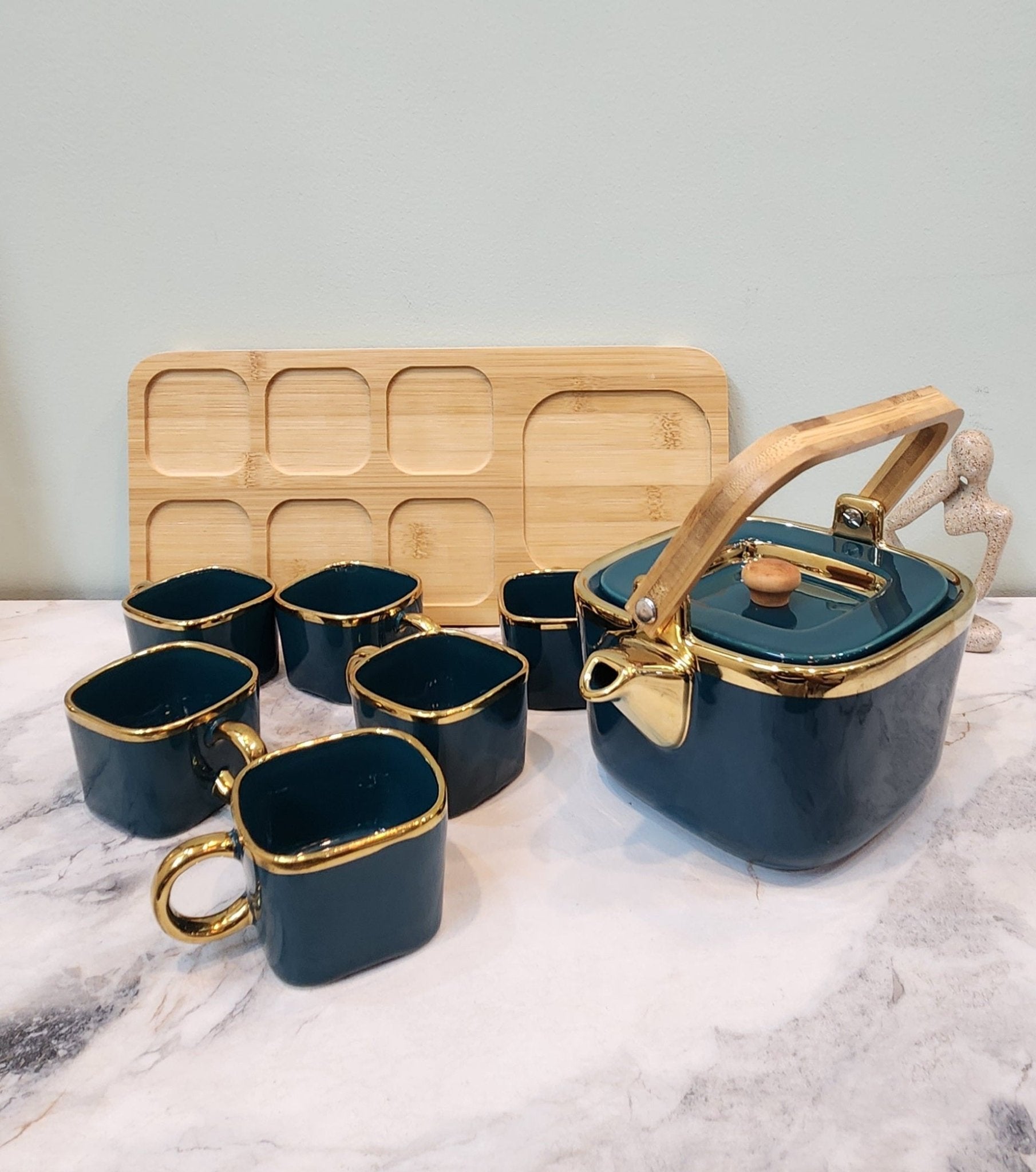 The Luxe : Royal Touch Porcelain Tea Cup Set with Kettle in Teal Blue color - Ceramic She Wrote