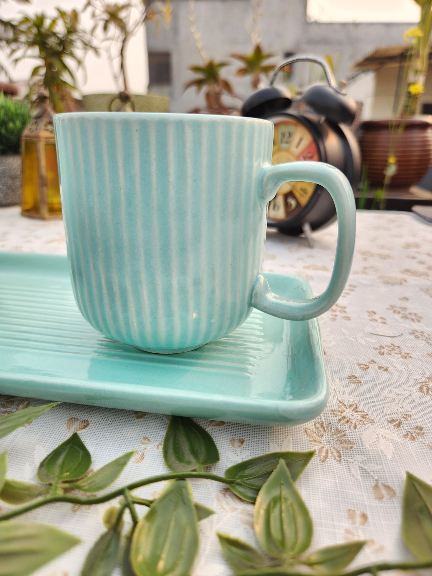 set of 3 ceramic coffee mugs with a tray