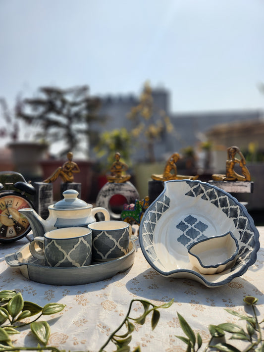 Ceramic Handcrafted Teapot Set with Snack Serving Platter