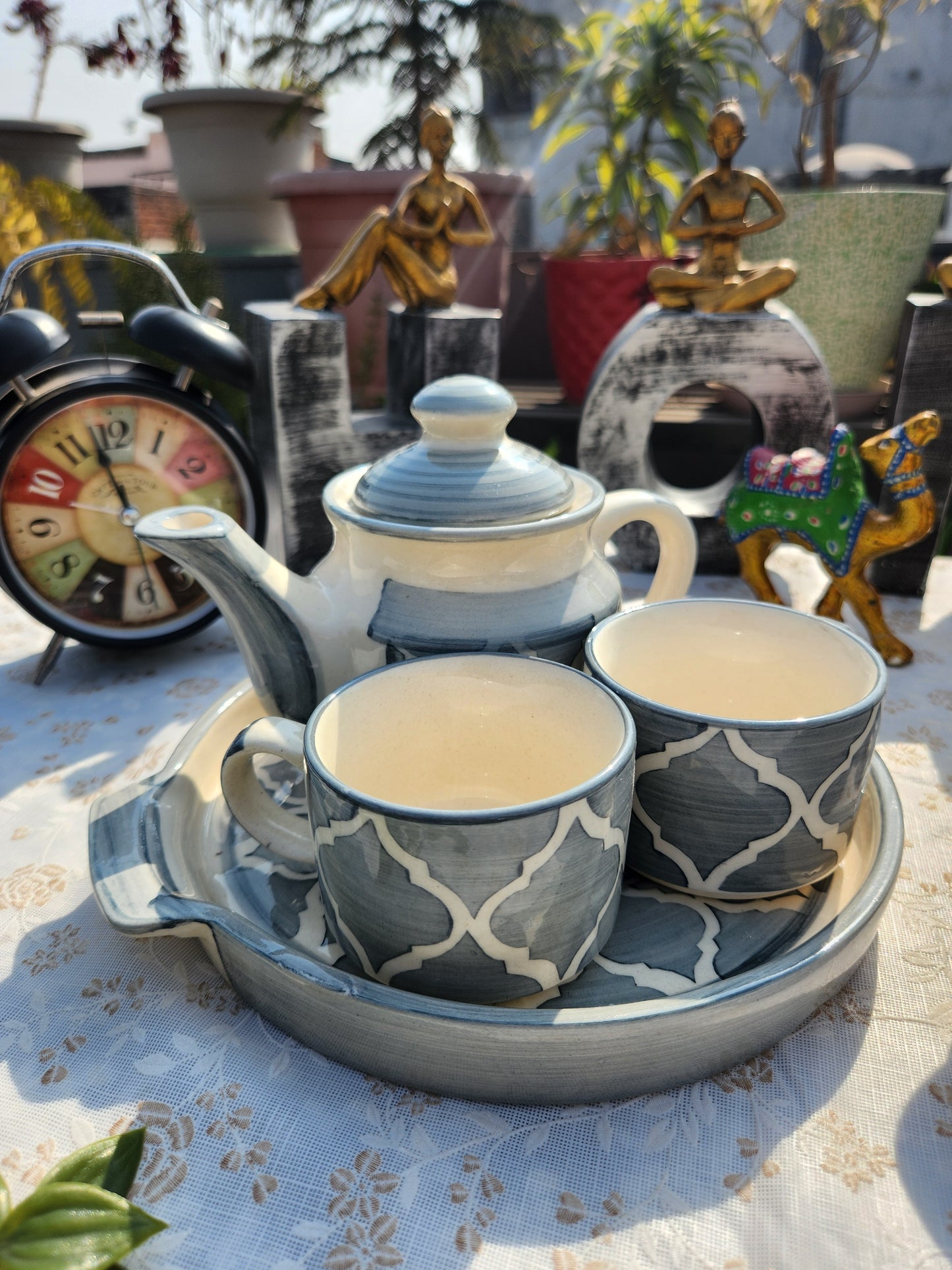 Ceramic Handcrafted Teapot Set with Snack Serving Platter