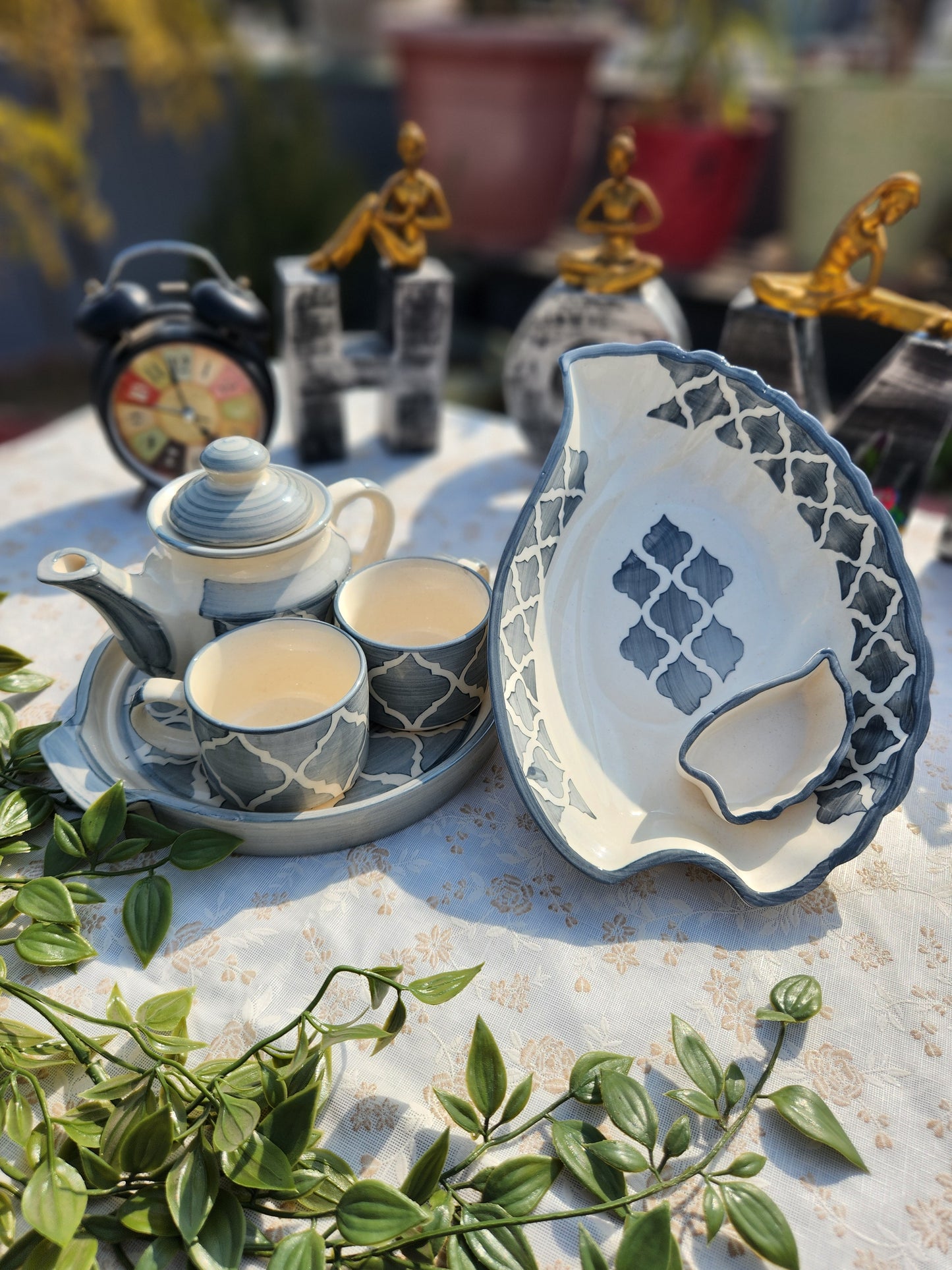 Ceramic Handcrafted Teapot Set with Snack Serving Platter