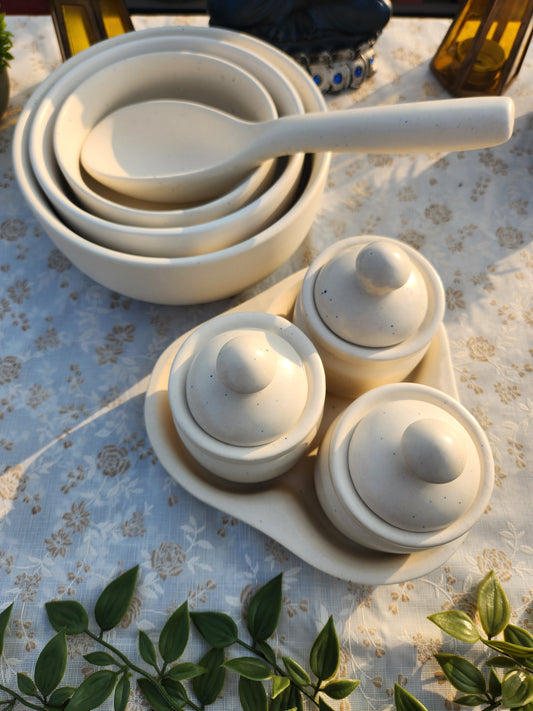 Set of 3 Serving Bowls with Set of 3 Ceramic Pickle and Chutney Jars