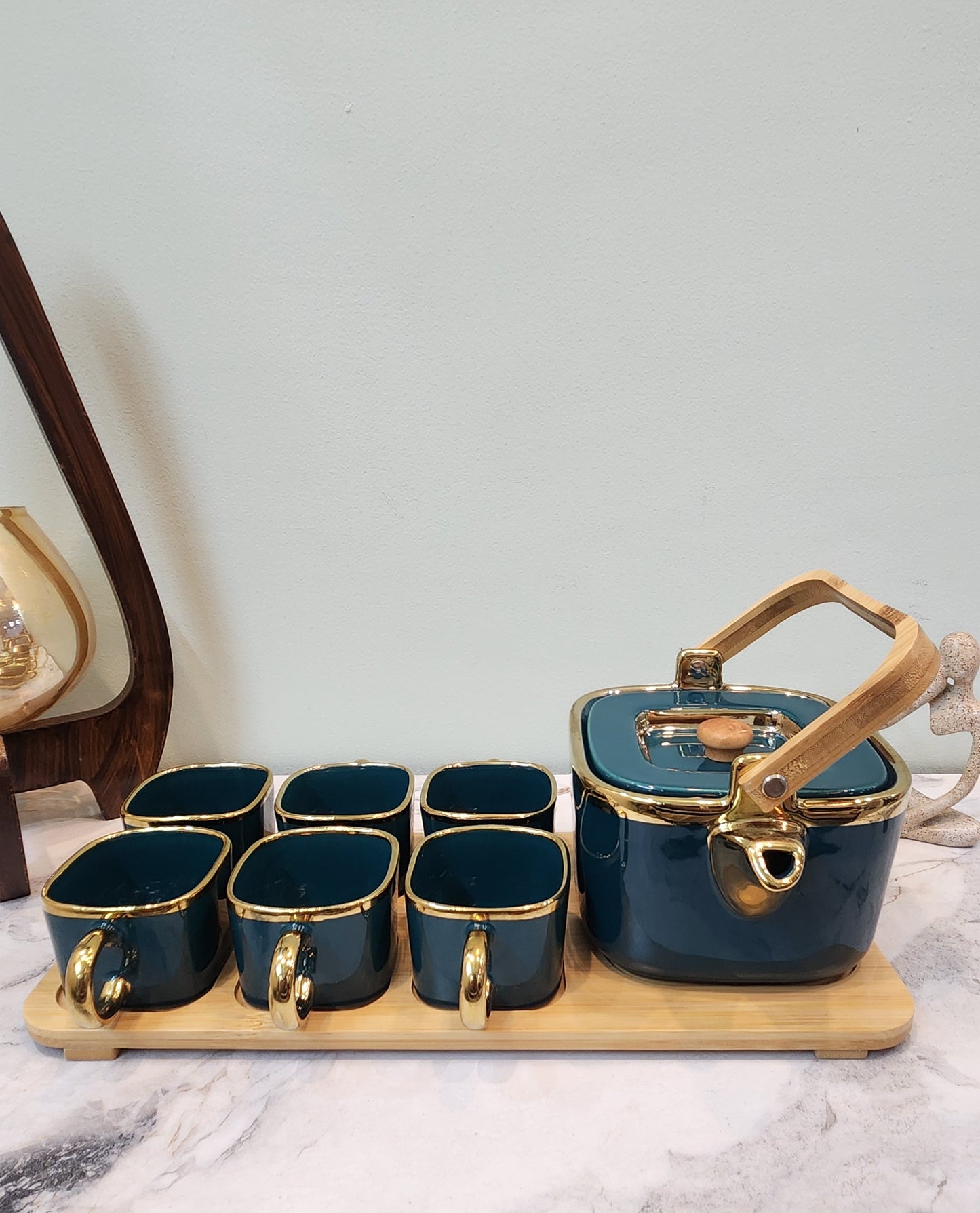 The Luxe : Royal Touch Porcelain Tea Cup Set with Kettle in Teal Blue color