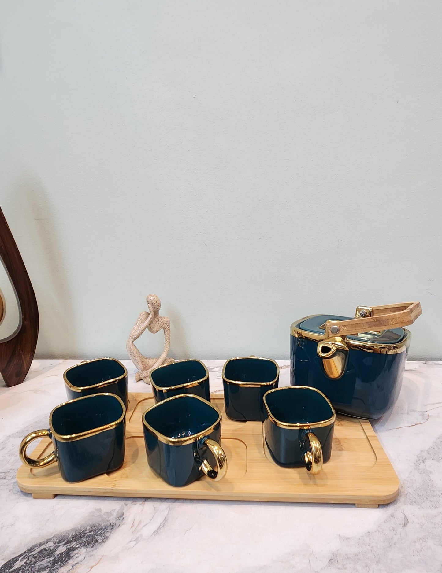 The Luxe : Royal Touch Porcelain Tea Cup Set with Kettle in Teal Blue color