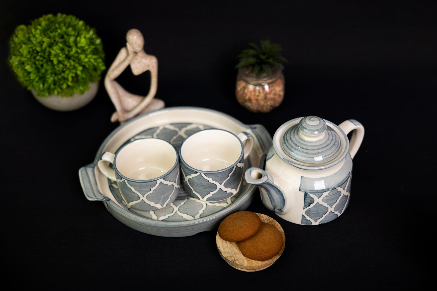 Ceramic Handcrafted Teapot Set with Snack Serving Platter