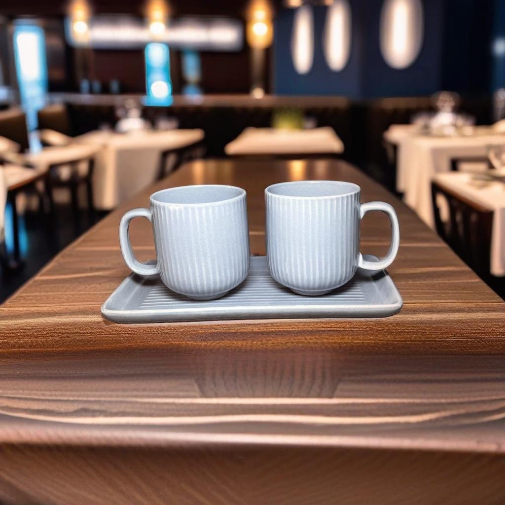 set of 3 ceramic coffee mugs with a tray