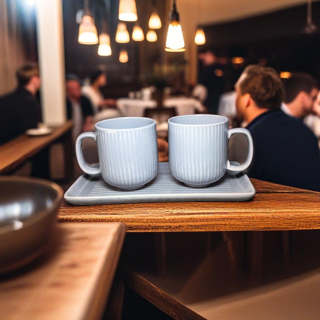 set of 3 ceramic coffee mugs with a tray