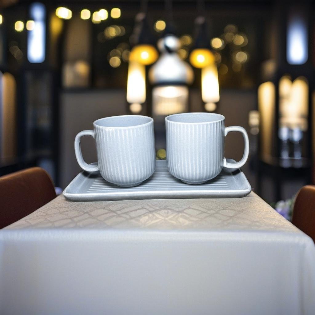 set of 3 ceramic coffee mugs with a tray