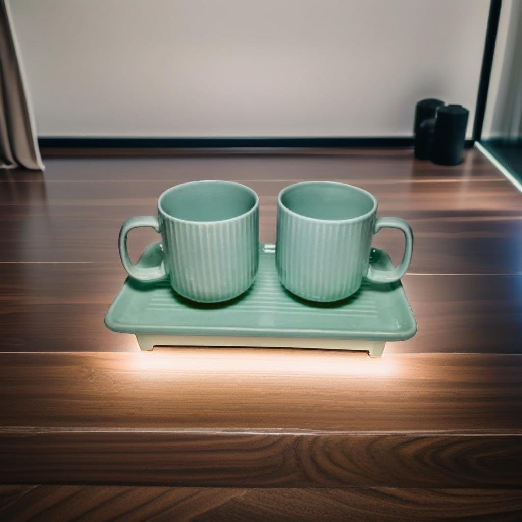 set of 3 ceramic coffee mugs with a tray