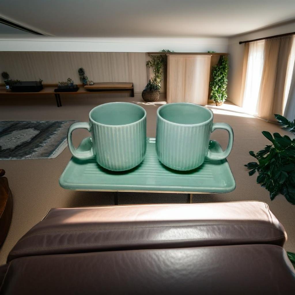 set of 3 ceramic coffee mugs with a tray