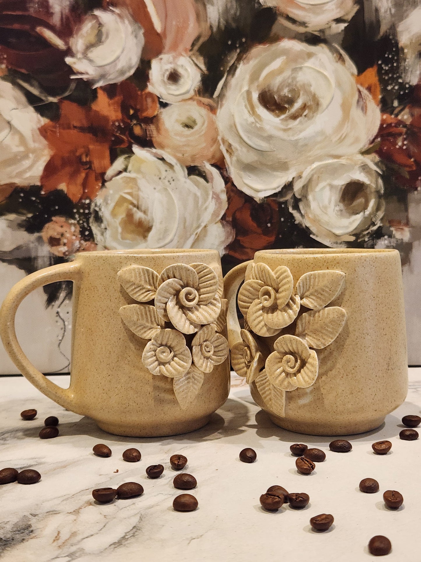 Flower Coffee Mugs in Beige