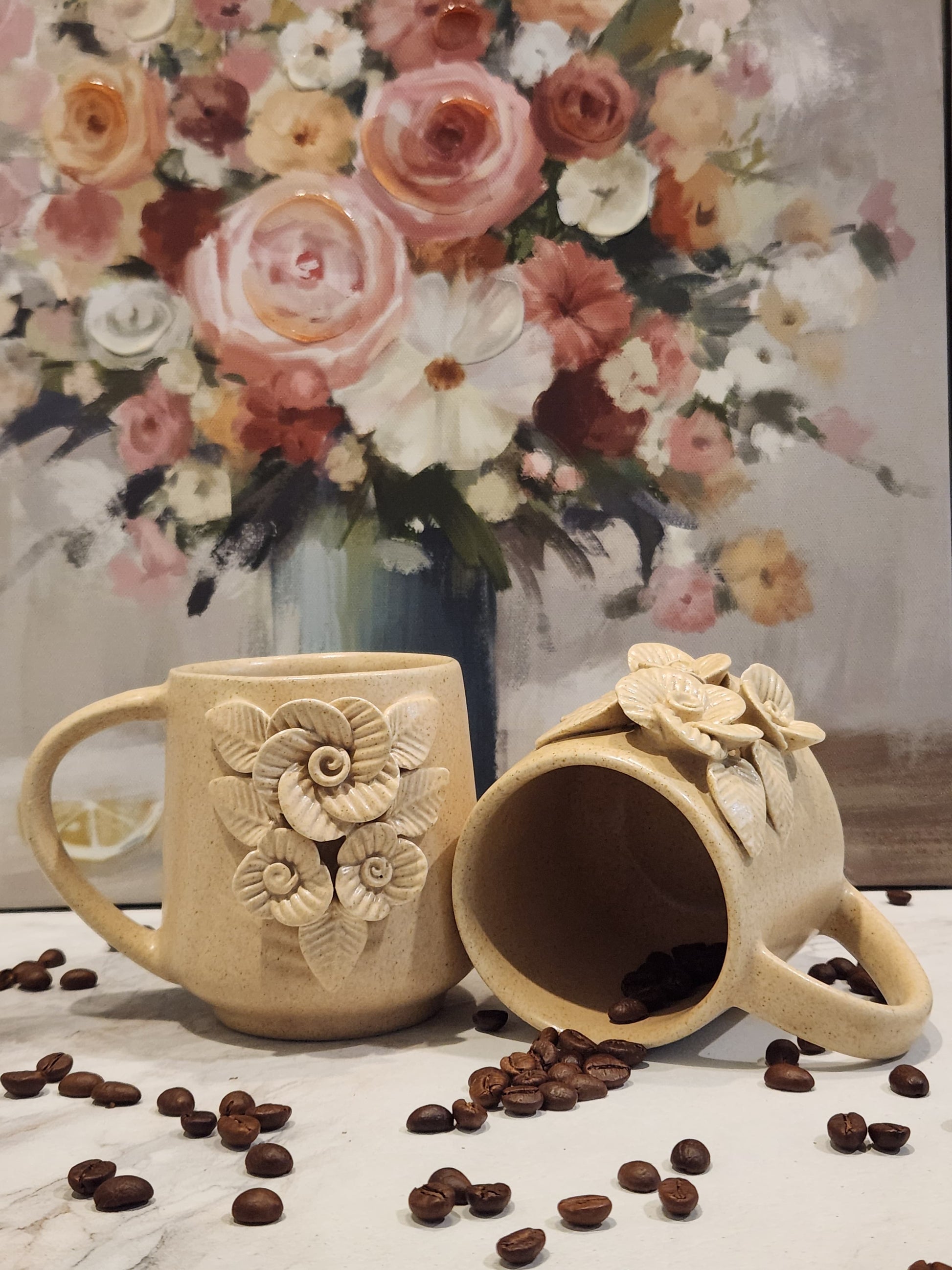 Flower Coffee Mugs in Beige