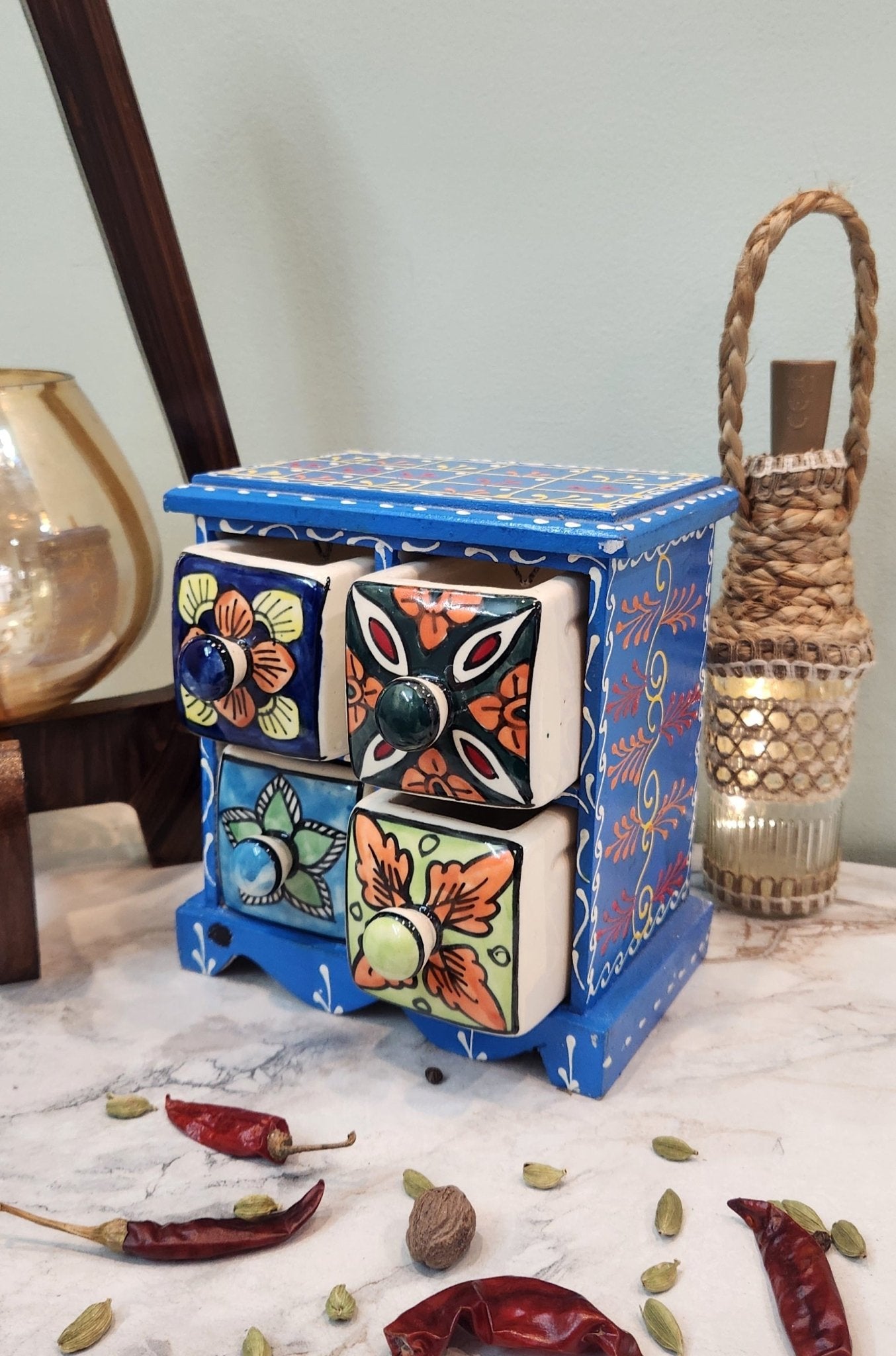 Aesthetic Wooden and Ceramic Spice Organizer - Jaipuri Collection - Ceramic She Wrote
