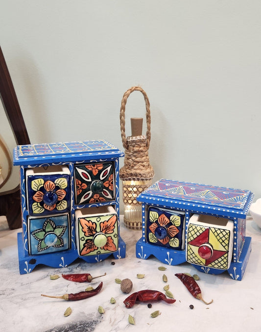 Aesthetic Wooden and Ceramic Spice Organizer - Jaipuri Collection - Ceramic She Wrote