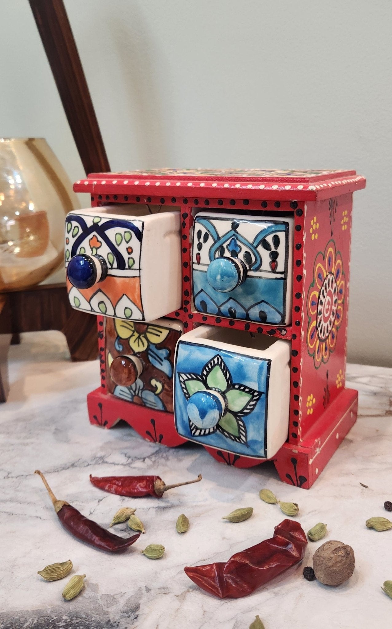 Aesthetic Wooden and Ceramic Spice Organizer - Jaipuri Collection - Ceramic She Wrote