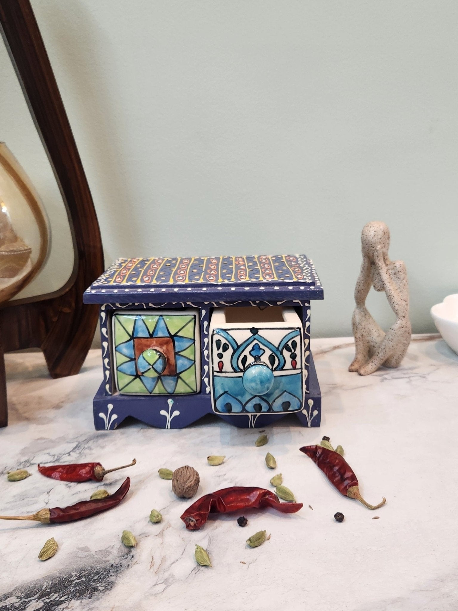 Aesthetic Wooden and Ceramic Spice Organizer - Jaipuri Collection - Ceramic She Wrote