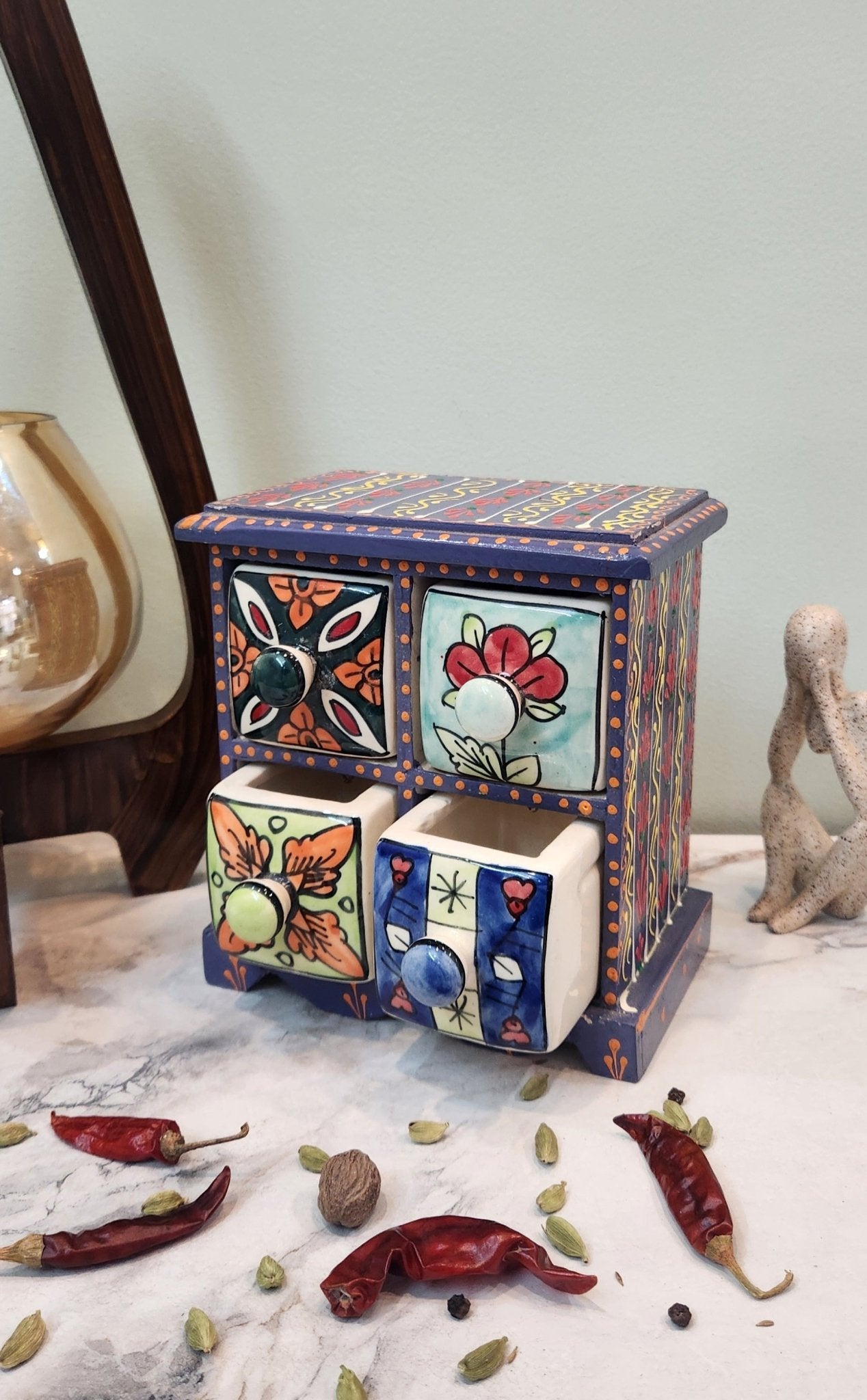 Aesthetic Wooden and Ceramic Spice Organizer - Jaipuri Collection - Ceramic She Wrote