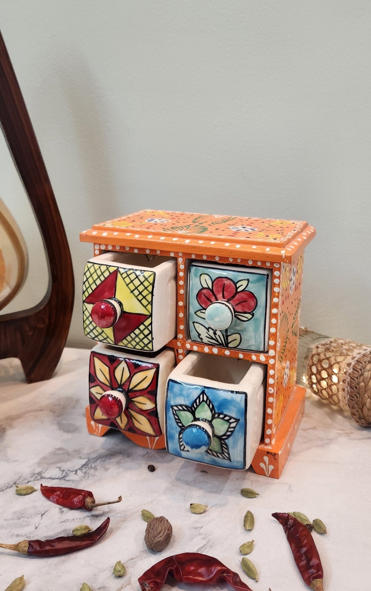 Aesthetic Wooden and Ceramic Spice Organizer - Jaipuri Collection - Ceramic She Wrote