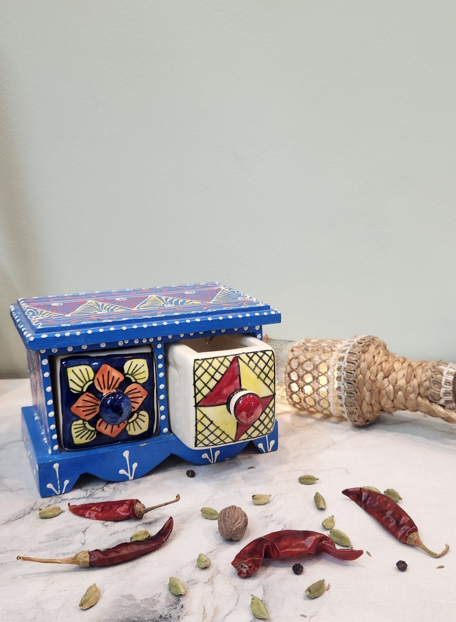 Aesthetic Wooden and Ceramic Spice Organizer - Jaipuri Collection - Ceramic She Wrote