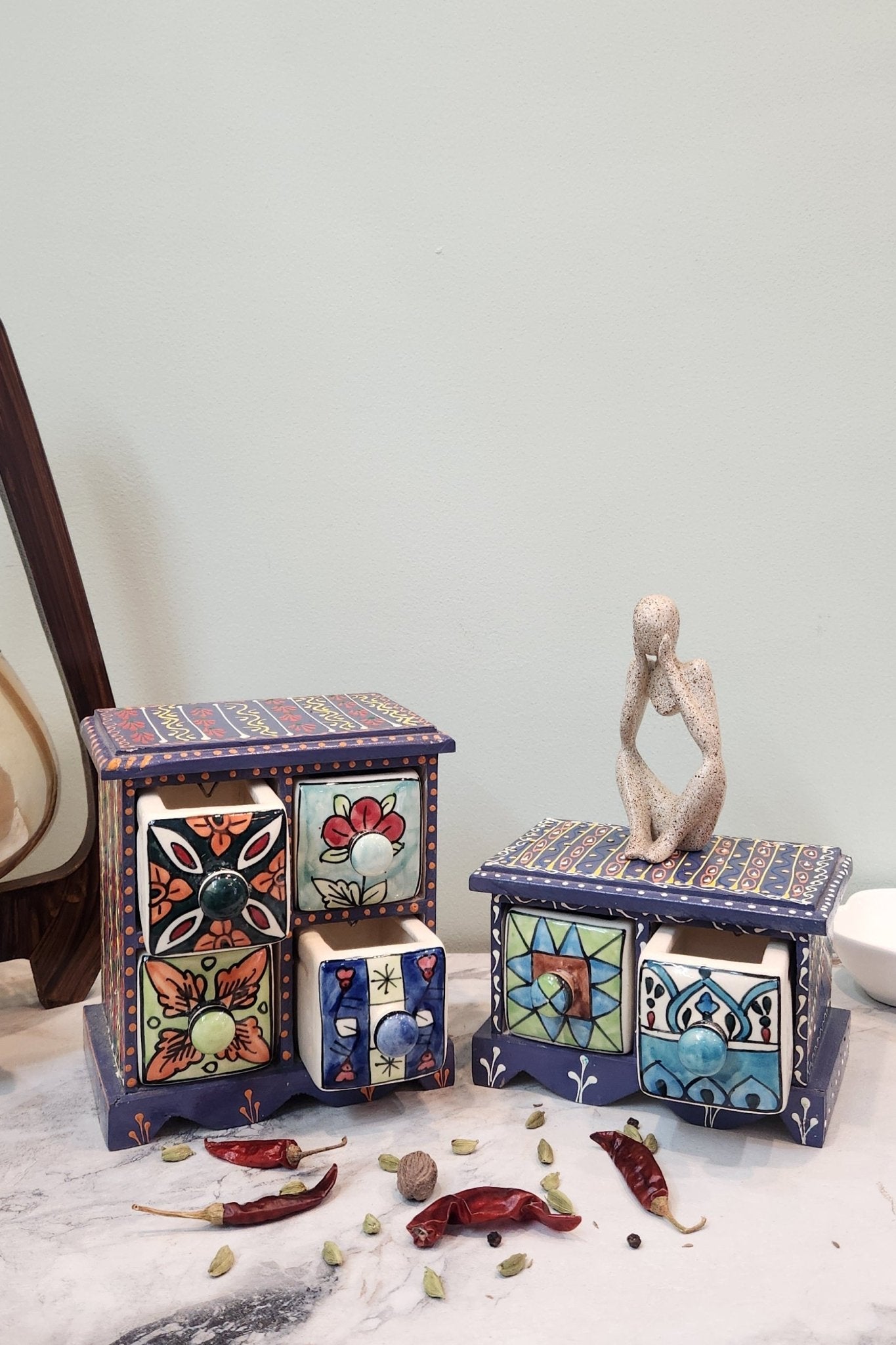 Aesthetic Wooden and Ceramic Spice Organizer - Jaipuri Collection - Ceramic She Wrote