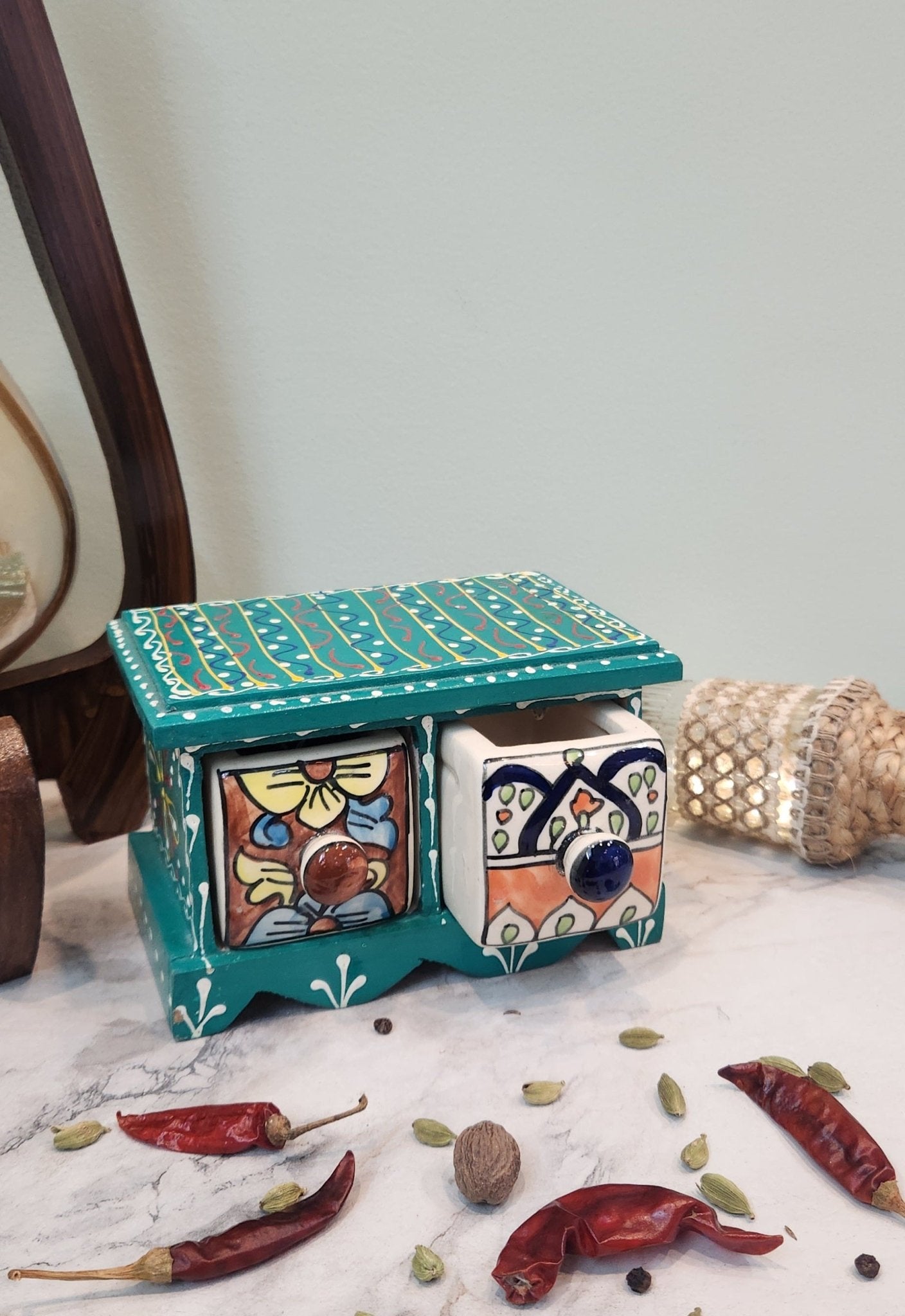 Aesthetic Wooden and Ceramic Spice Organizer - Jaipuri Collection - Ceramic She Wrote